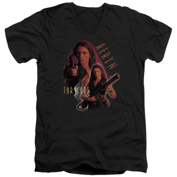 Black men's v-neck t-shirt with Farscape Aeryn graphic