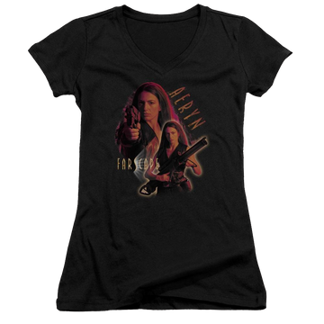 Black juniors v-neck t-shirt with Farscape Aeryn graphic