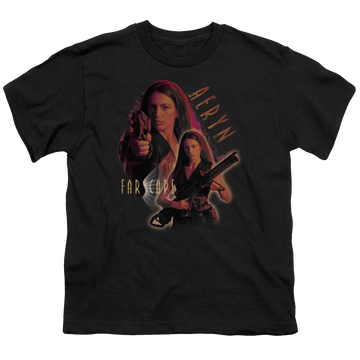 Black youth t-shirt for ages 8 to 12 with Farscape Aeryn graphic