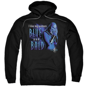 Black pullover hoodie with Farscape Blue And Bald graphic