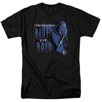 Black men's regular fit t-shirt with Farscape Blue And Bald graphic