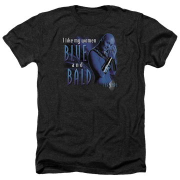 Charcoal men's heather t-shirt with Farscape Blue And Bald graphic