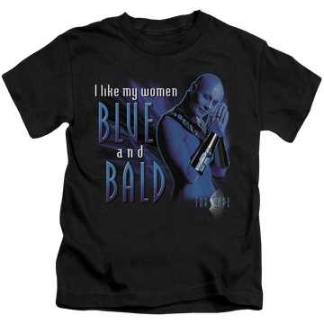Black kid's t-shirt for ages 4 to 7 with Farscape Blue And Bald graphic