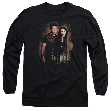Black men's long sleeve t-shirt with Farscape Wanted graphic