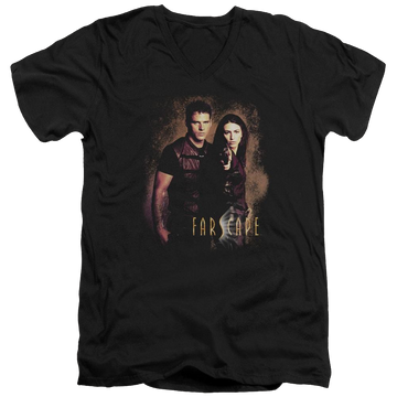 Black men's v-neck t-shirt with Farscape Wanted graphic