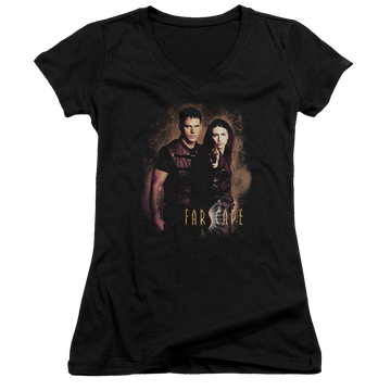 Black juniors v-neck t-shirt with Farscape Wanted graphic