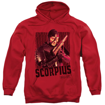 Red pullover hoodie with Farscape Scorpius graphic