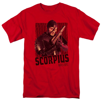 Red men's regular fit t-shirt with Farscape Scorpius graphic