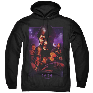 Black pullover hoodie with Farscape 20 Years Collage graphic