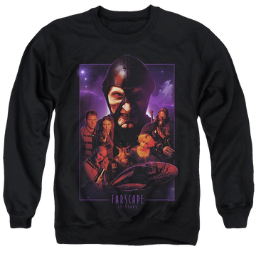 Black men's crewneck sweatshirt with Farscape 20 Years Collage graphic