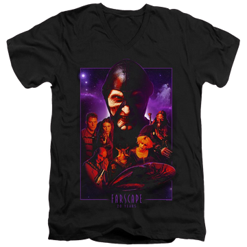 Black men's v-neck t-shirt with Farscape 20 Years Collage graphic