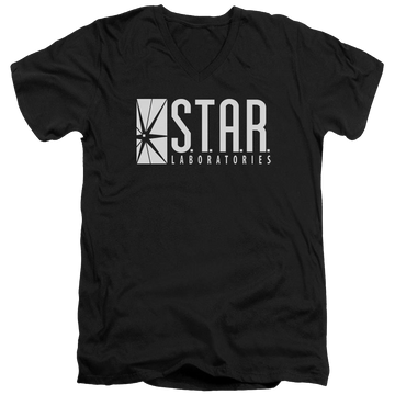 Black men's v-neck t-shirt with The Flash S.t.a.r. graphic
