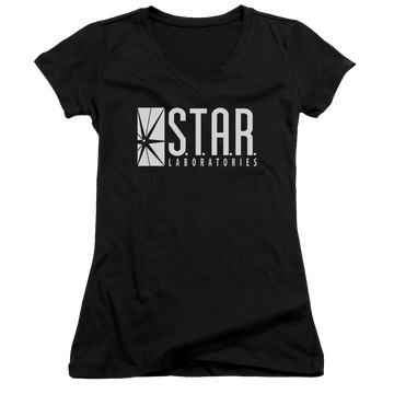 Black juniors v-neck t-shirt with The Flash S.t.a.r. graphic