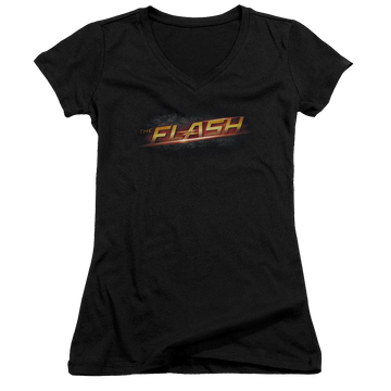 Black juniors v-neck t-shirt with The Flash Logo graphic
