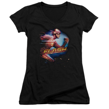 Black juniors v-neck t-shirt with The Flash Fastest Man graphic