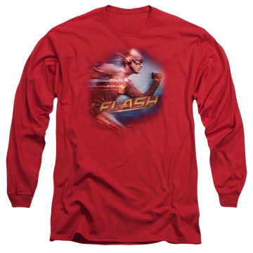 Red men's long sleeve t-shirt with The Flash Fastest Man graphic