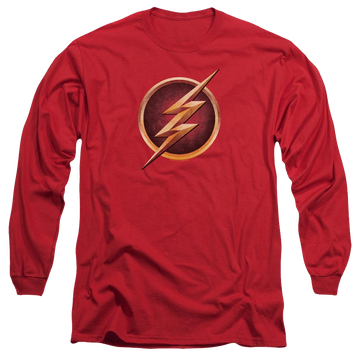 Red men's long sleeve t-shirt with The Flash Chest Logo graphic