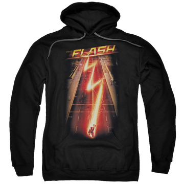 Black pullover hoodie with Flash Ave graphic