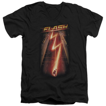 Black men's v-neck t-shirt with Flash Ave graphic