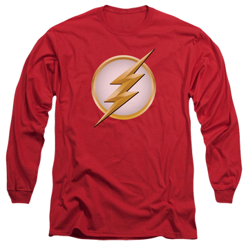 Red men's long sleeve t-shirt with The Flash New Logo graphic