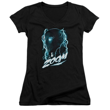 Black juniors v-neck t-shirt with The Flash Zoom graphic