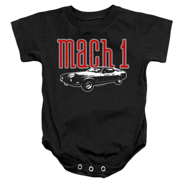 Black baby bodysuit with Ford Mach 1 graphic