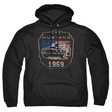 Black pullover hoodie with Ford Mustang 1969 Flag graphic