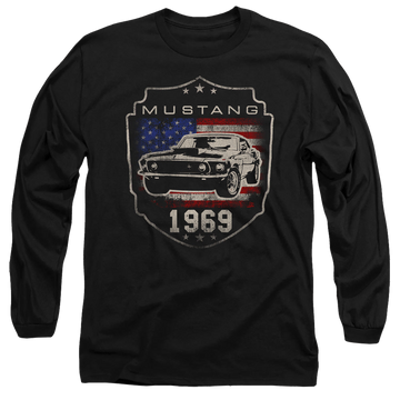 Black men's long sleeve t-shirt with Ford Mustang 1969 Flag graphic