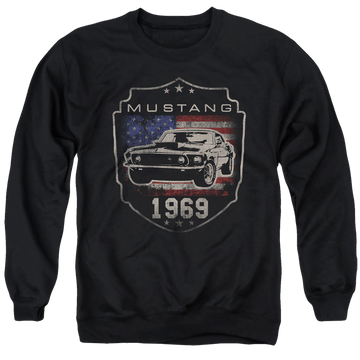 Black men's crewneck sweatshirt with Ford Mustang 1969 Flag graphic