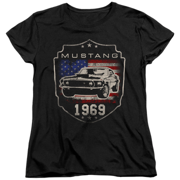 Black women's t-shirt with Ford Mustang 1969 Flag graphic
