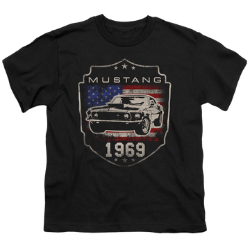 Black youth t-shirt for ages 8 to 12 with Ford Mustang 1969 Flag graphic