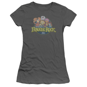 Charcoal juniors t-shirt with Fraggle Rock Circle Logo graphic