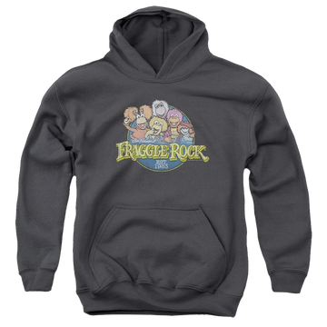 Charcoal youth hoodie for ages 8 to 12 with Fraggle Rock Circle Logo graphic