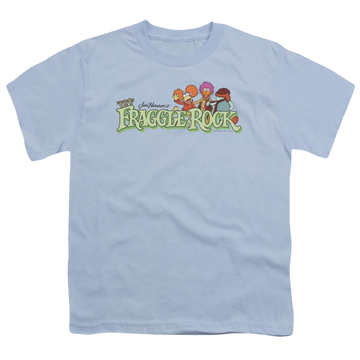 Light blue youth t-shirt for ages 8 to 12 with Fraggle Rock Leaf Logo graphic