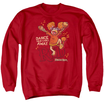 Red men's crewneck sweatshirt with Fraggle Rock Dance graphic
