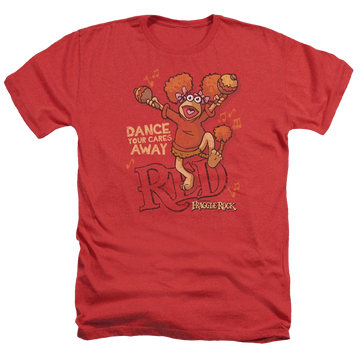 Red men's heather t-shirt with Fraggle Rock Dance graphic