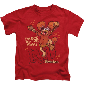 Red kid's t-shirt for ages 4 to 7 with Fraggle Rock Dance graphic