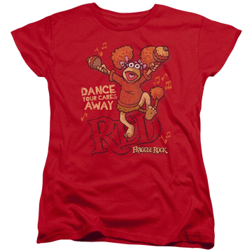 Red women's t-shirt with Fraggle Rock Dance graphic
