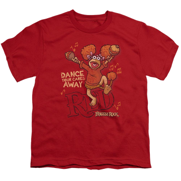 Red youth t-shirt for ages 8 to 12 with Fraggle Rock Dance graphic
