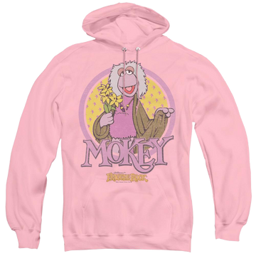 Pink pullover hoodie with Fraggle Rock Mokey Circle graphic
