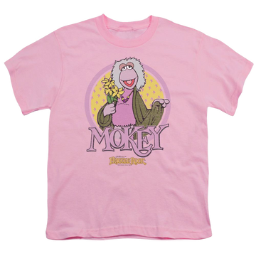 Pink youth t-shirt for ages 8 to 12 with Fraggle Rock Mokey Circle graphic