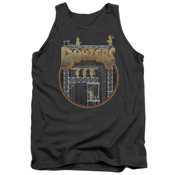 Charcoal men's tank with Fraggle Rock Doozers Construction graphic