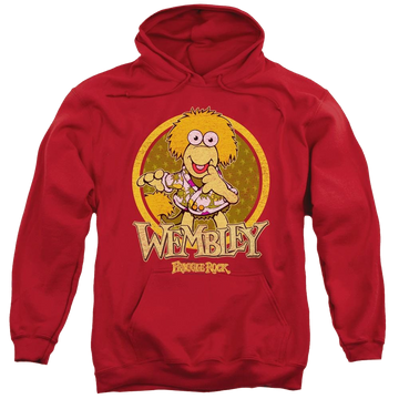 Red pullover hoodie with Fraggle Rock Wembley Circle graphic