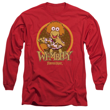 Red men's long sleeve t-shirt with Fraggle Rock Wembley Circle graphic