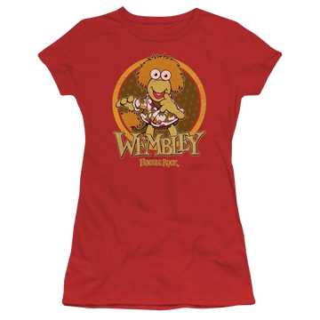 Red juniors t-shirt with Fraggle Rock Wembley Circle graphic