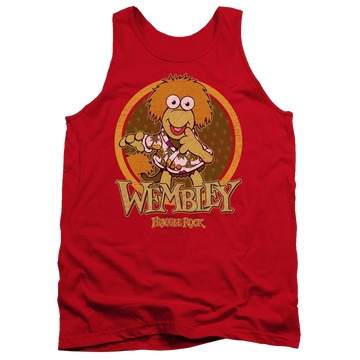 Red men's tank with Fraggle Rock Wembley Circle graphic