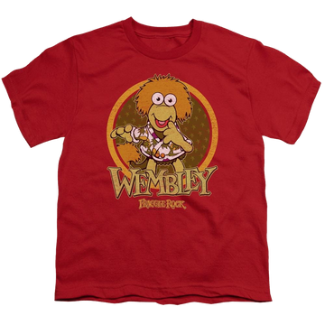 Red youth t-shirt for ages 8 to 12 with Fraggle Rock Wembley Circle graphic
