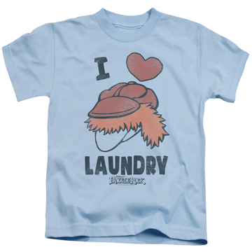 Light blue kid's t-shirt for ages 4 to 7 with Fraggle Rock Laundry Lover graphic