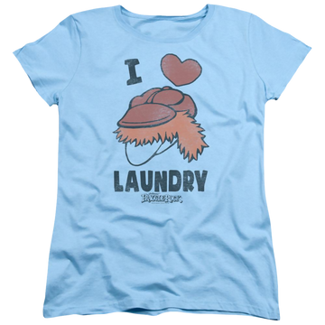 Light blue women's t-shirt with Fraggle Rock Laundry Lover graphic