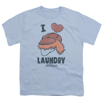 Light blue youth t-shirt for ages 8 to 12 with Fraggle Rock Laundry Lover graphic